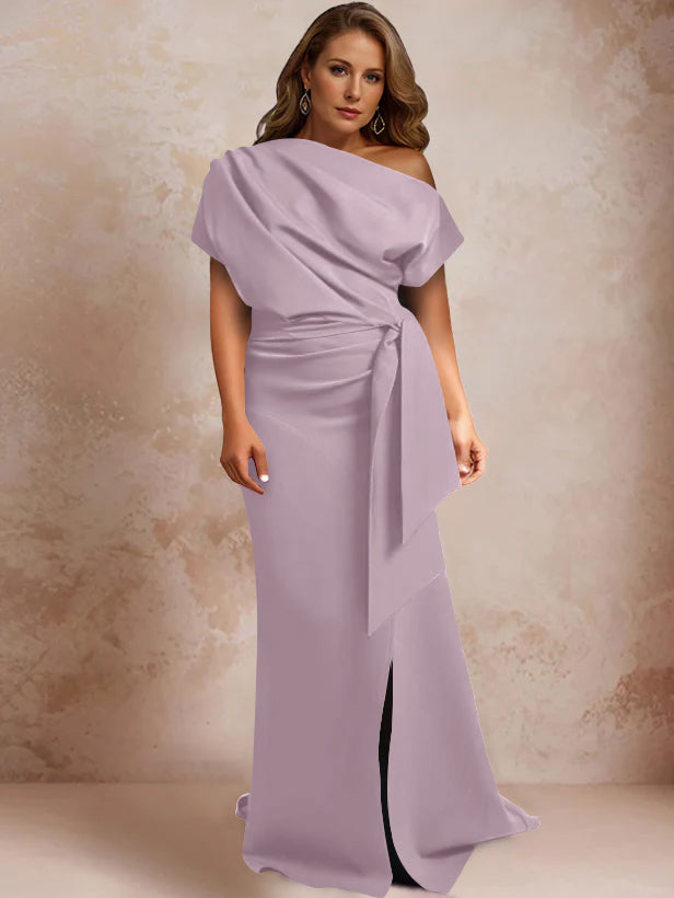 Trumpet Mermaid One Shoulder Short Sleeves Floor Length Plus Size Mother Of The Bride Dresses With Ruffles Split Side
