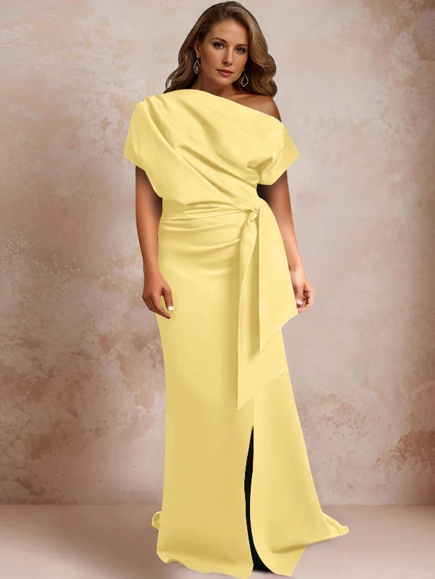 Trumpet Mermaid One Shoulder Short Sleeves Floor Length Plus Size Mother Of The Bride Dresses With Ruffles Split Side