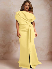 Trumpet/Mermaid One-Shoulder Short Sleeves Floor-Length Plus Size Mother of the Bride Dresses with Ruffles & Split Side