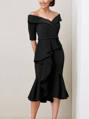 Sheath Column Off The Shoulder Half Sleeves Mother Of The Bride Dresses With Beading Ruffles