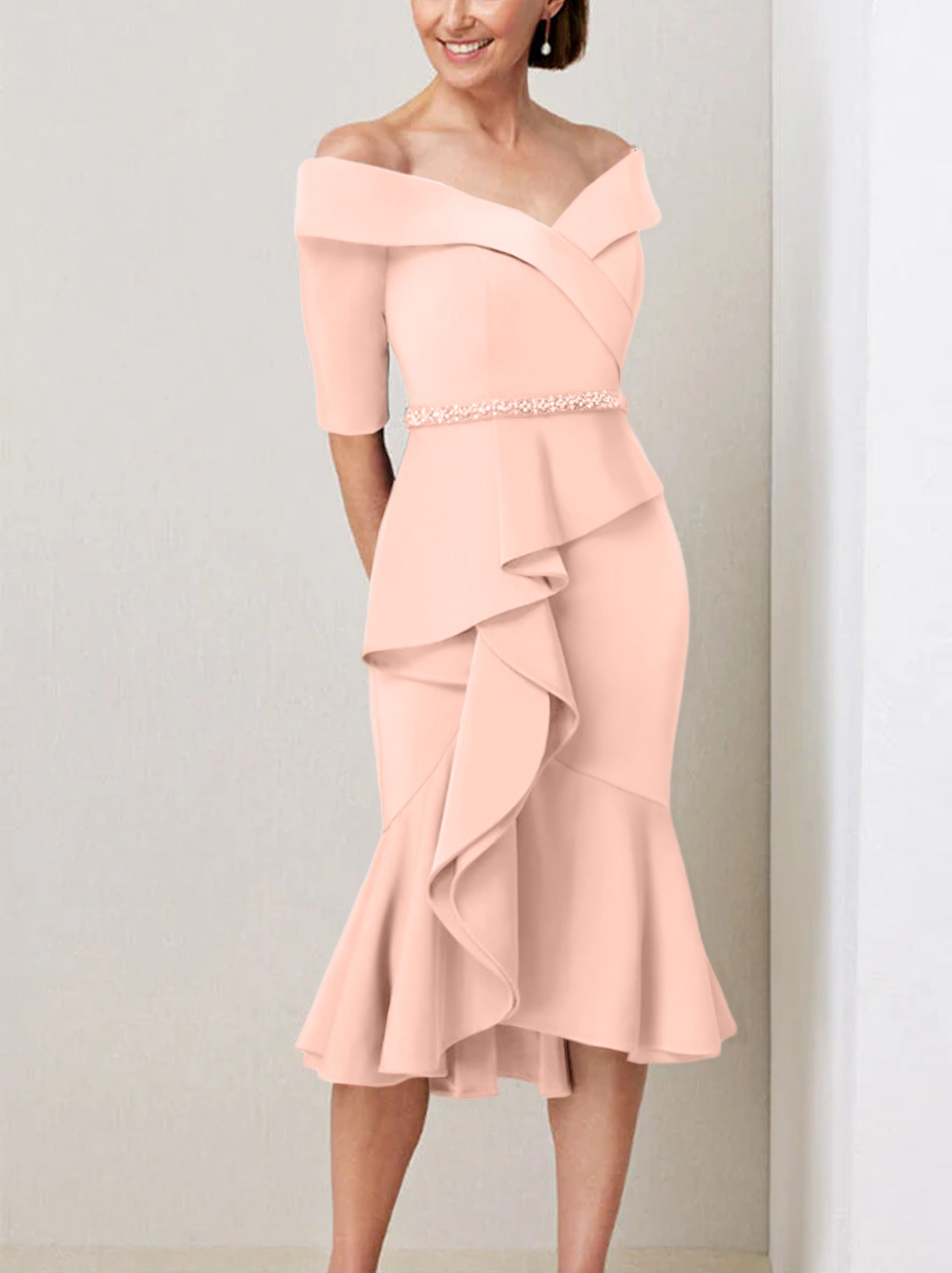 Sheath Column Off The Shoulder Half Sleeves Mother Of The Bride Dresses With Beading Ruffles