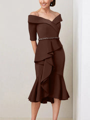 Sheath Column Off The Shoulder Half Sleeves Mother Of The Bride Dresses With Beading Ruffles