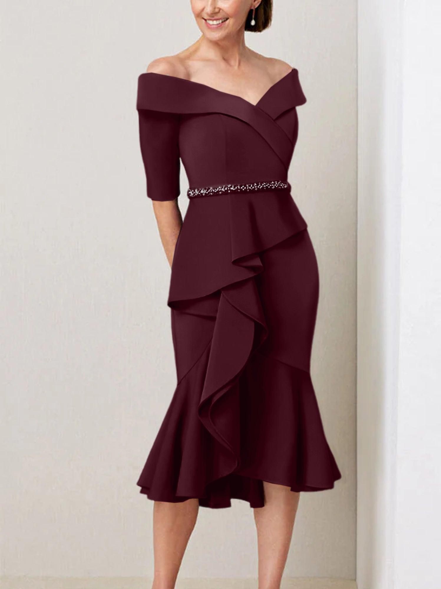 Sheath Column Off The Shoulder Half Sleeves Mother Of The Bride Dresses With Beading Ruffles