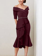Sheath Column Off The Shoulder Half Sleeves Mother Of The Bride Dresses With Beading Ruffles