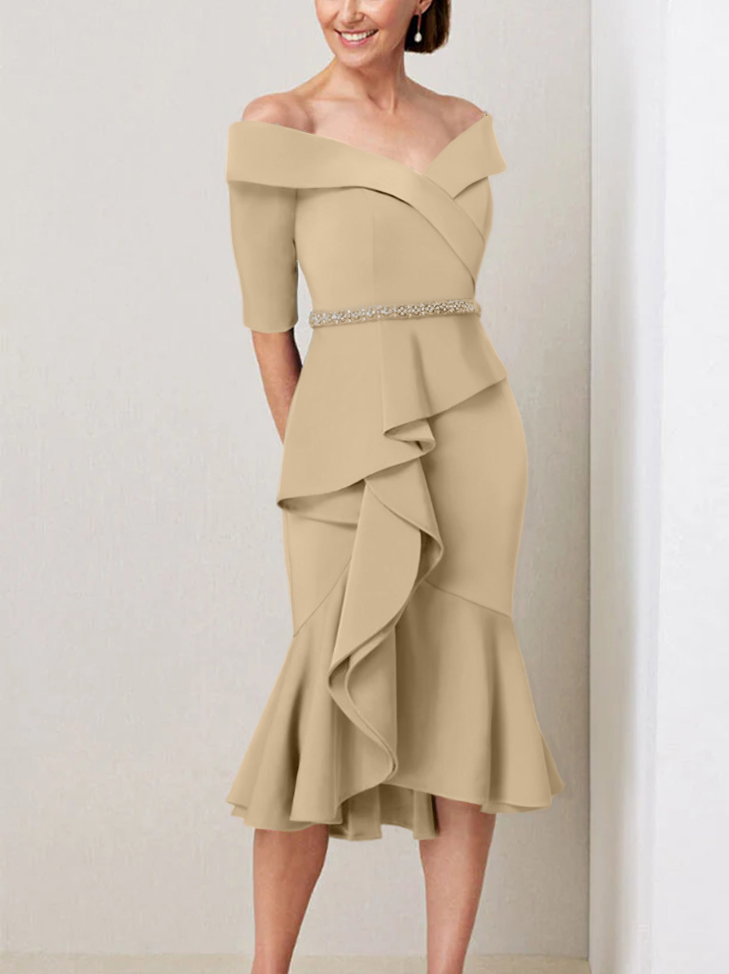 Sheath Column Off The Shoulder Half Sleeves Mother Of The Bride Dresses With Beading Ruffles