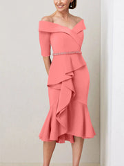 Sheath Column Off The Shoulder Half Sleeves Mother Of The Bride Dresses With Beading Ruffles