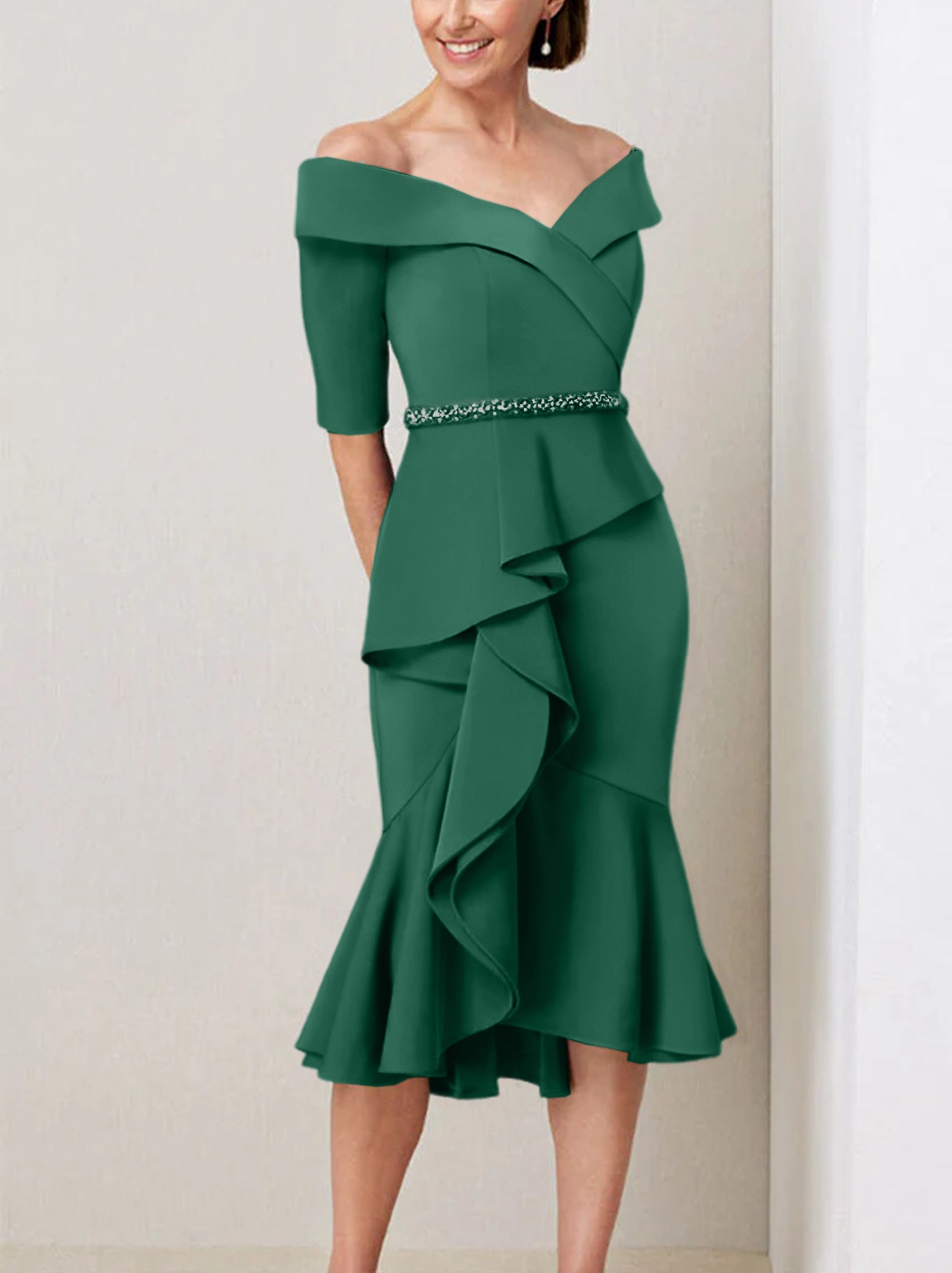Sheath Column Off The Shoulder Half Sleeves Mother Of The Bride Dresses With Beading Ruffles