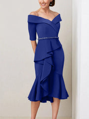 Sheath Column Off The Shoulder Half Sleeves Mother Of The Bride Dresses With Beading Ruffles