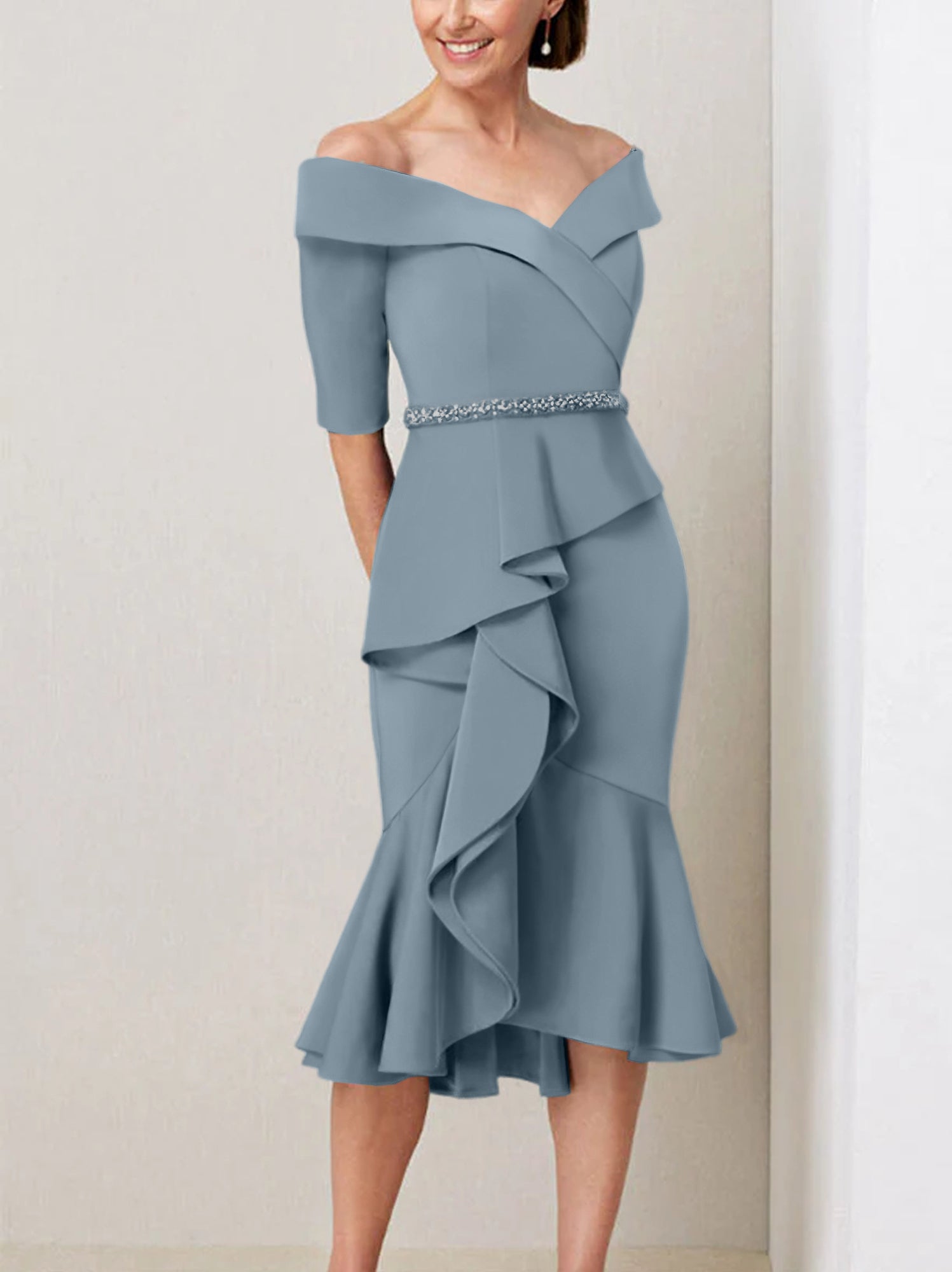 Sheath Column Off The Shoulder Half Sleeves Mother Of The Bride Dresses With Beading Ruffles