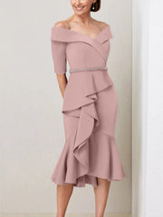 Sheath Column Off The Shoulder Half Sleeves Mother Of The Bride Dresses With Beading Ruffles