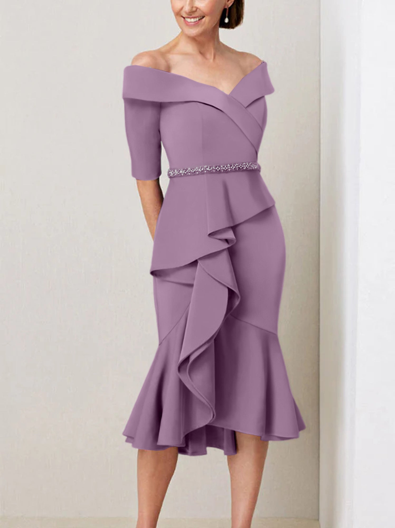 Sheath Column Off The Shoulder Half Sleeves Mother Of The Bride Dresses With Beading Ruffles