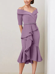 Sheath Column Off The Shoulder Half Sleeves Mother Of The Bride Dresses With Beading Ruffles