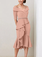 Sheath Column Off The Shoulder Half Sleeves Mother Of The Bride Dresses With Beading Ruffles