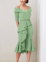 Sheath Column Off The Shoulder Half Sleeves Mother Of The Bride Dresses With Beading Ruffles