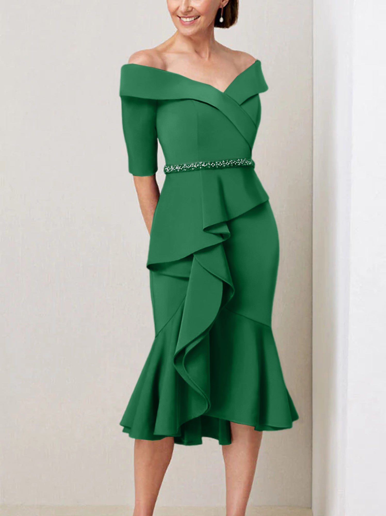 Sheath Column Off The Shoulder Half Sleeves Mother Of The Bride Dresses With Beading Ruffles