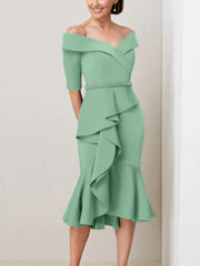 Sheath Column Off The Shoulder Half Sleeves Mother Of The Bride Dresses With Beading Ruffles