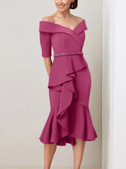 Sheath Column Off The Shoulder Half Sleeves Mother Of The Bride Dresses With Beading Ruffles