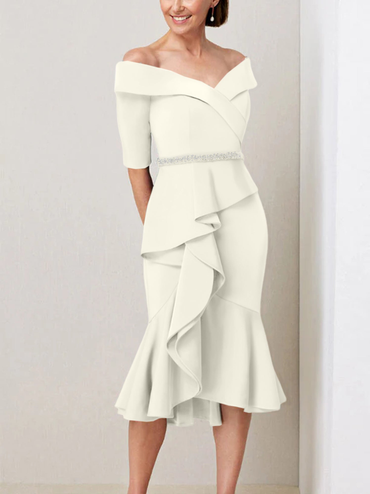 Sheath Column Off The Shoulder Half Sleeves Mother Of The Bride Dresses With Beading Ruffles