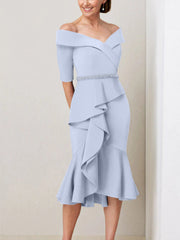 Sheath Column Off The Shoulder Half Sleeves Mother Of The Bride Dresses With Beading Ruffles