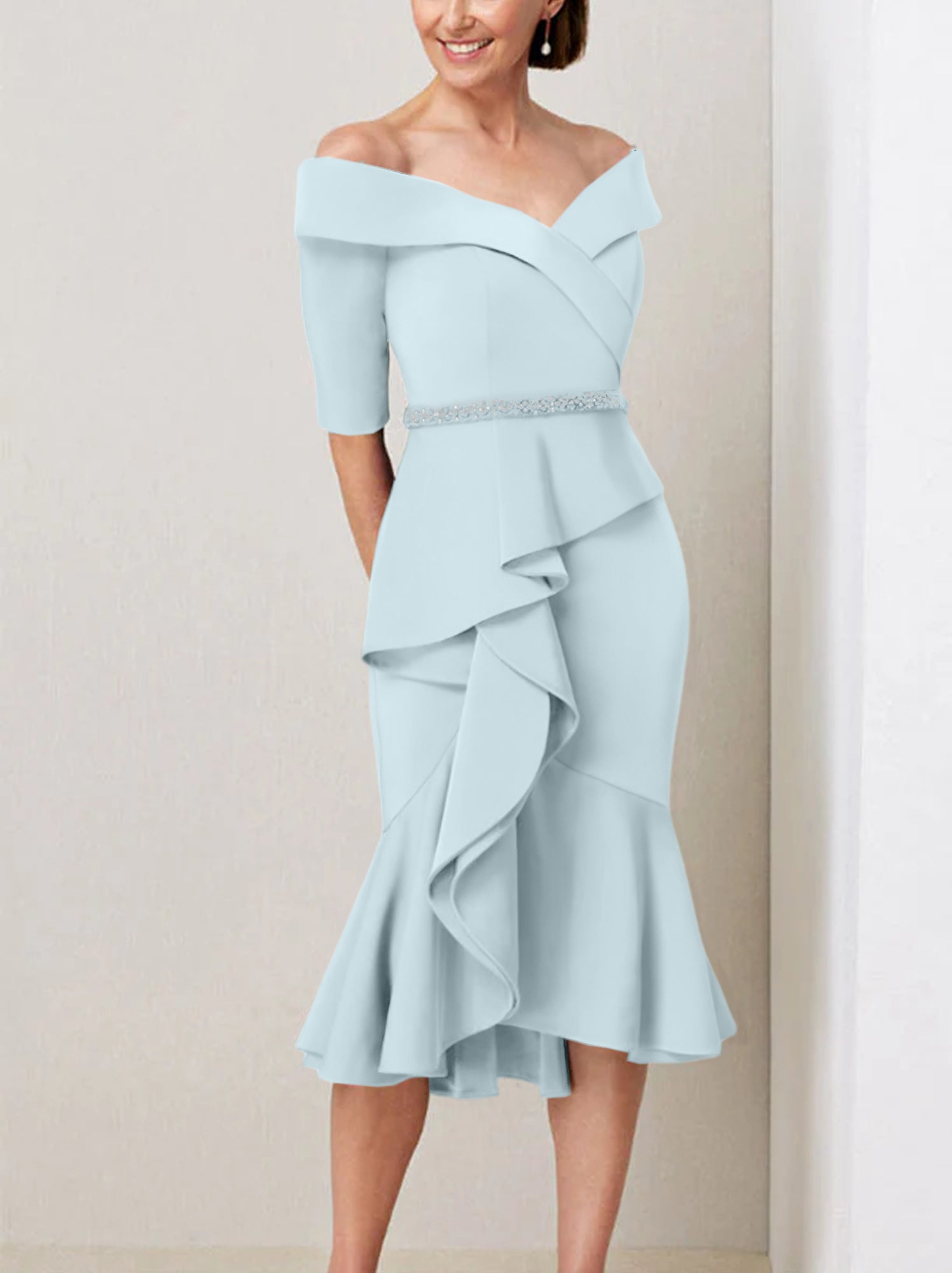 Sheath Column Off The Shoulder Half Sleeves Mother Of The Bride Dresses With Beading Ruffles