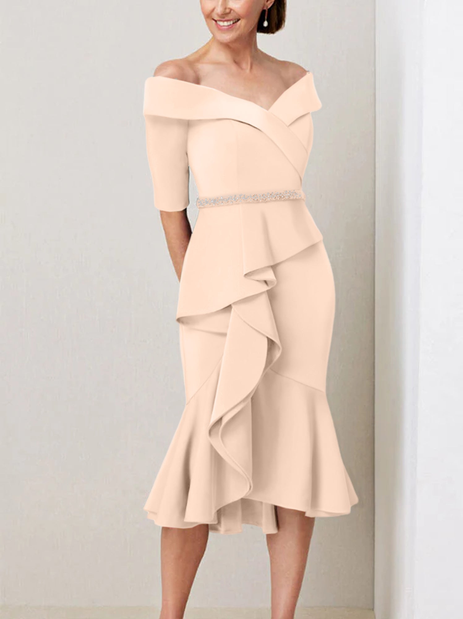 Sheath Column Off The Shoulder Half Sleeves Mother Of The Bride Dresses With Beading Ruffles