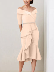 Sheath Column Off The Shoulder Half Sleeves Mother Of The Bride Dresses With Beading Ruffles