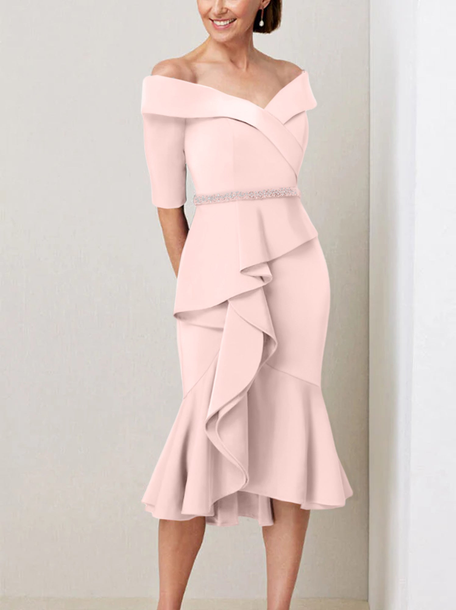 Sheath Column Off The Shoulder Half Sleeves Mother Of The Bride Dresses With Beading Ruffles