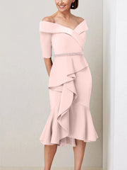 Sheath Column Off The Shoulder Half Sleeves Mother Of The Bride Dresses With Beading Ruffles