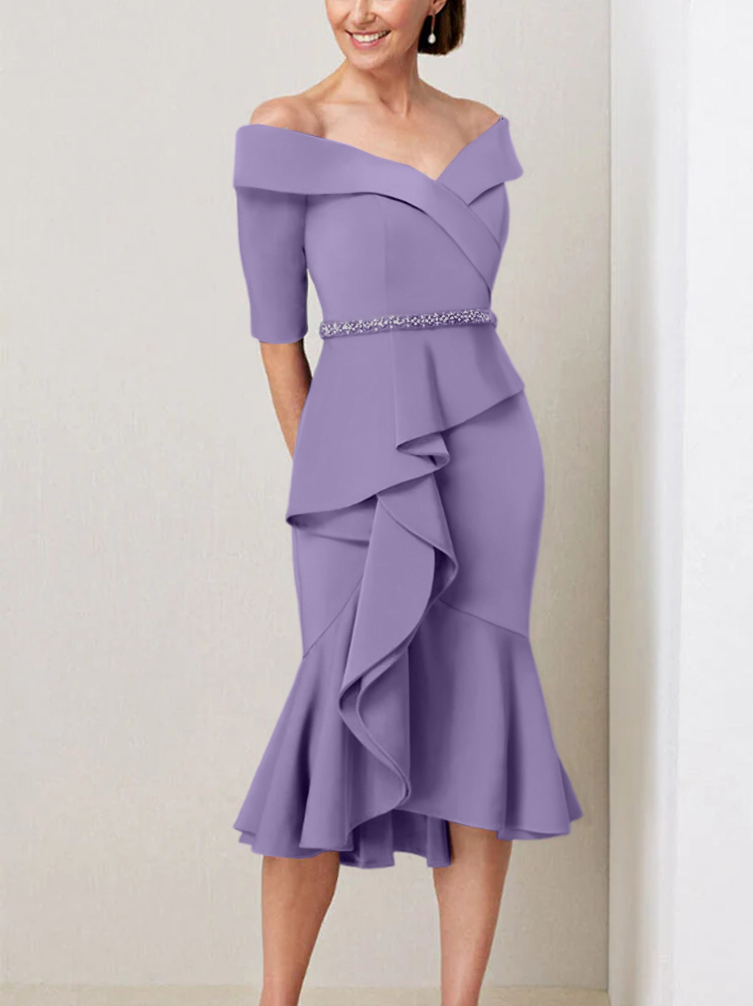 Sheath Column Off The Shoulder Half Sleeves Mother Of The Bride Dresses With Beading Ruffles