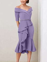 Sheath Column Off The Shoulder Half Sleeves Mother Of The Bride Dresses With Beading Ruffles