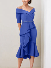 Sheath Column Off The Shoulder Half Sleeves Mother Of The Bride Dresses With Beading Ruffles