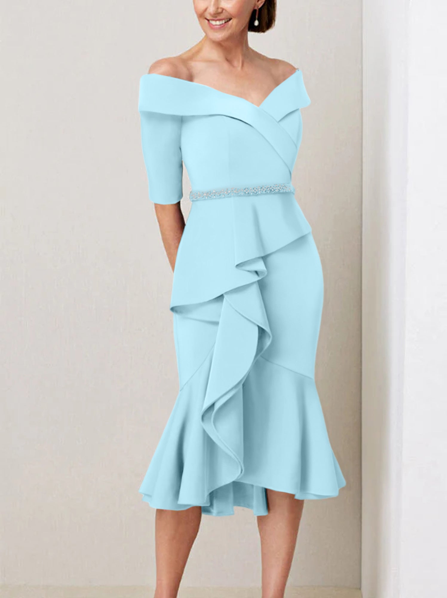 Sheath Column Off The Shoulder Half Sleeves Mother Of The Bride Dresses With Beading Ruffles