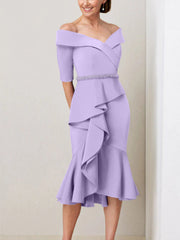 Sheath Column Off The Shoulder Half Sleeves Mother Of The Bride Dresses With Beading Ruffles