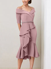 Sheath Column Off The Shoulder Half Sleeves Mother Of The Bride Dresses With Beading Ruffles