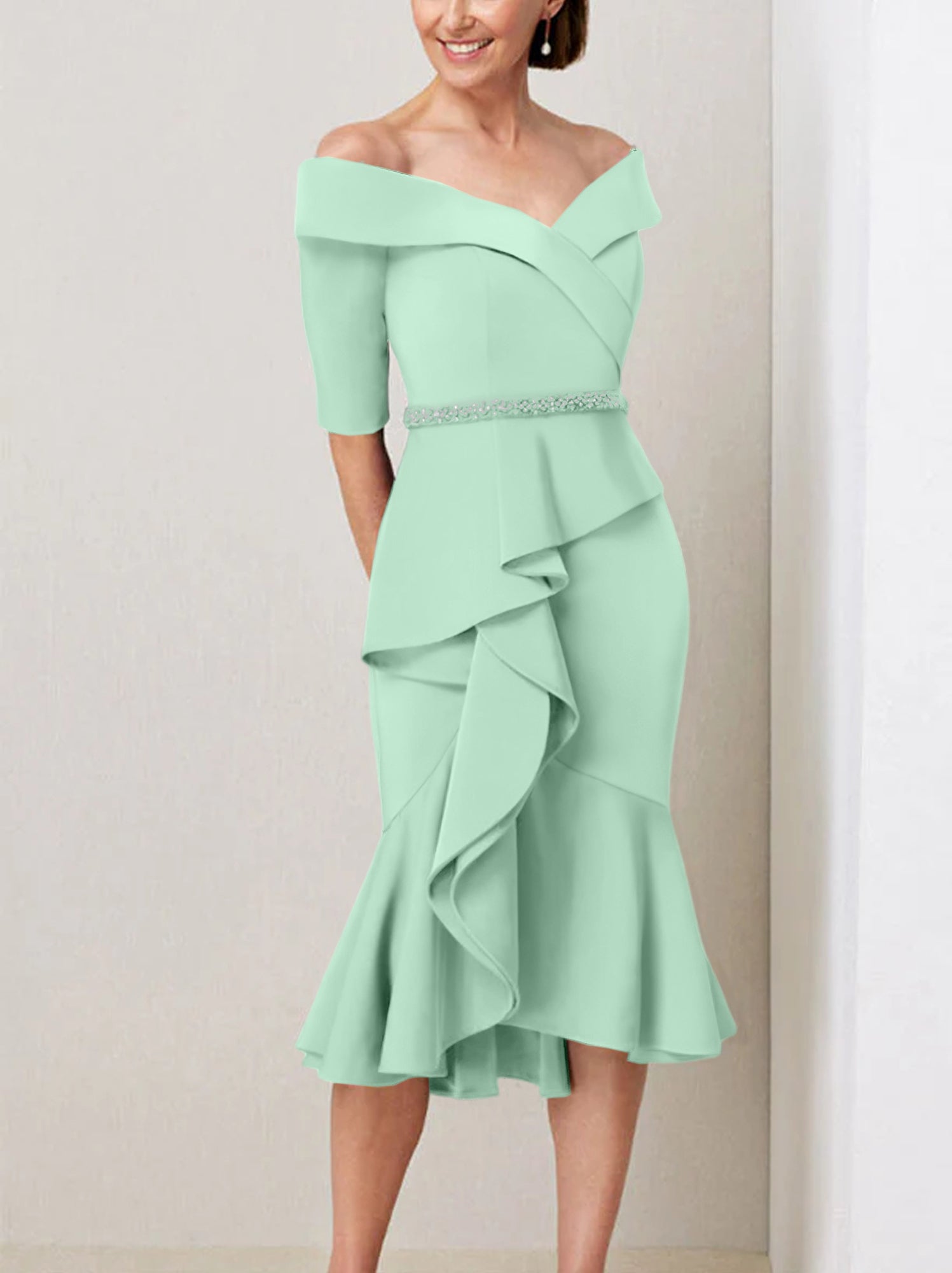 Sheath Column Off The Shoulder Half Sleeves Mother Of The Bride Dresses With Beading Ruffles