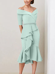 Sheath Column Off The Shoulder Half Sleeves Mother Of The Bride Dresses With Beading Ruffles