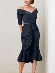 Sheath Column Off The Shoulder Half Sleeves Mother Of The Bride Dresses With Beading Ruffles