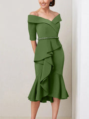 Sheath Column Off The Shoulder Half Sleeves Mother Of The Bride Dresses With Beading Ruffles
