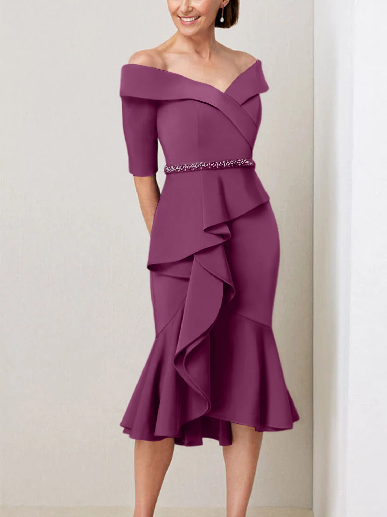 Sheath Column Off The Shoulder Half Sleeves Mother Of The Bride Dresses With Beading Ruffles
