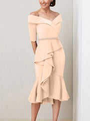 Sheath Column Off The Shoulder Half Sleeves Mother Of The Bride Dresses With Beading Ruffles