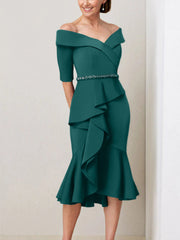 Sheath Column Off The Shoulder Half Sleeves Mother Of The Bride Dresses With Beading Ruffles