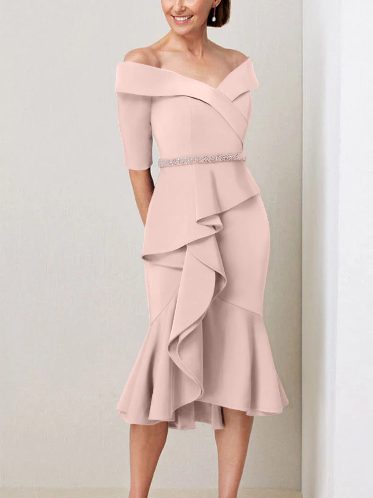 Sheath Column Off The Shoulder Half Sleeves Mother Of The Bride Dresses With Beading Ruffles