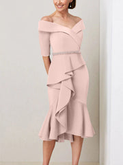 Sheath Column Off The Shoulder Half Sleeves Mother Of The Bride Dresses With Beading Ruffles
