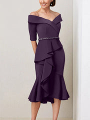 Sheath Column Off The Shoulder Half Sleeves Mother Of The Bride Dresses With Beading Ruffles