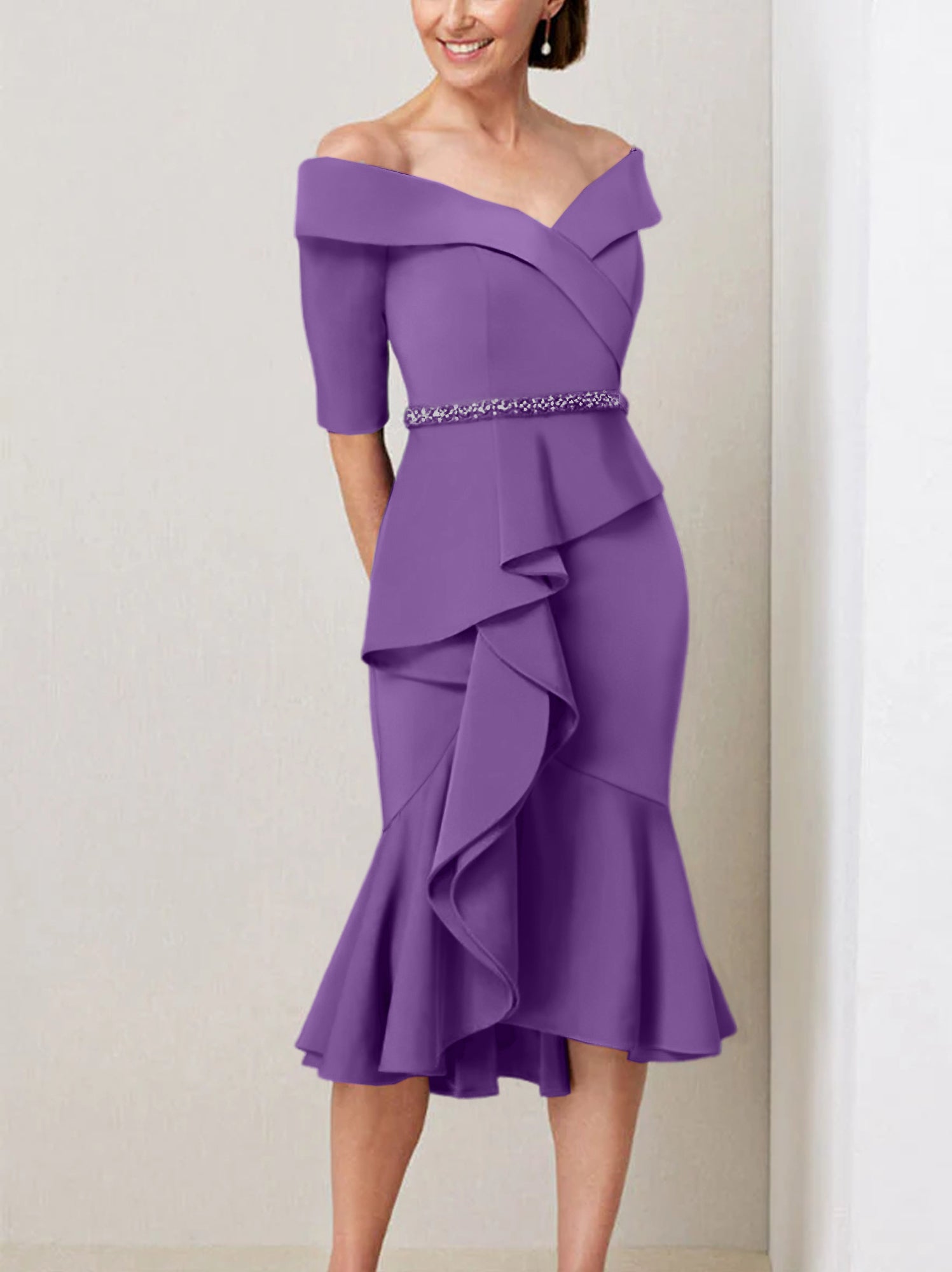 Sheath Column Off The Shoulder Half Sleeves Mother Of The Bride Dresses With Beading Ruffles