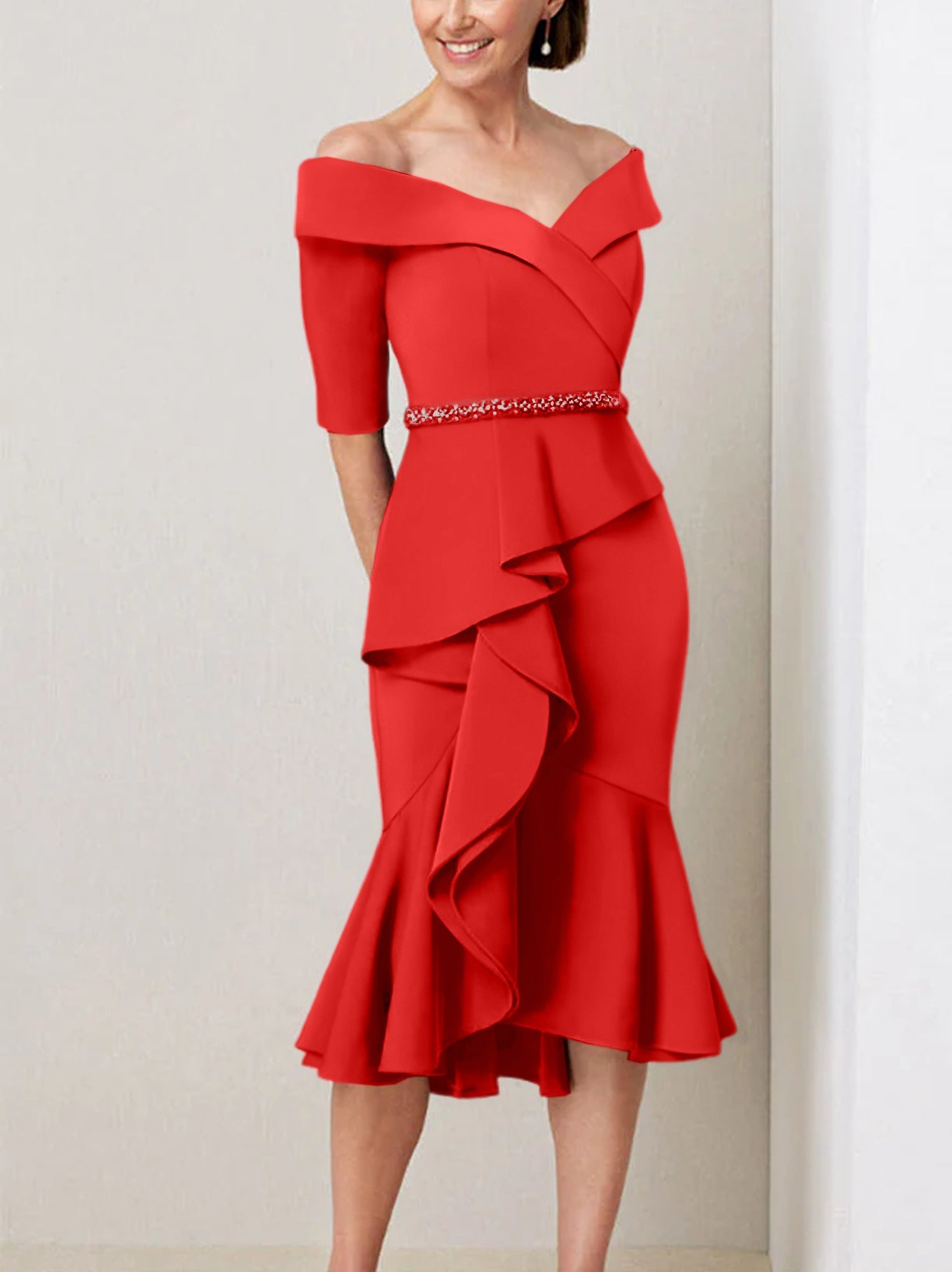 Sheath Column Off The Shoulder Half Sleeves Mother Of The Bride Dresses With Beading Ruffles