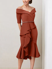 Sheath Column Off The Shoulder Half Sleeves Mother Of The Bride Dresses With Beading Ruffles