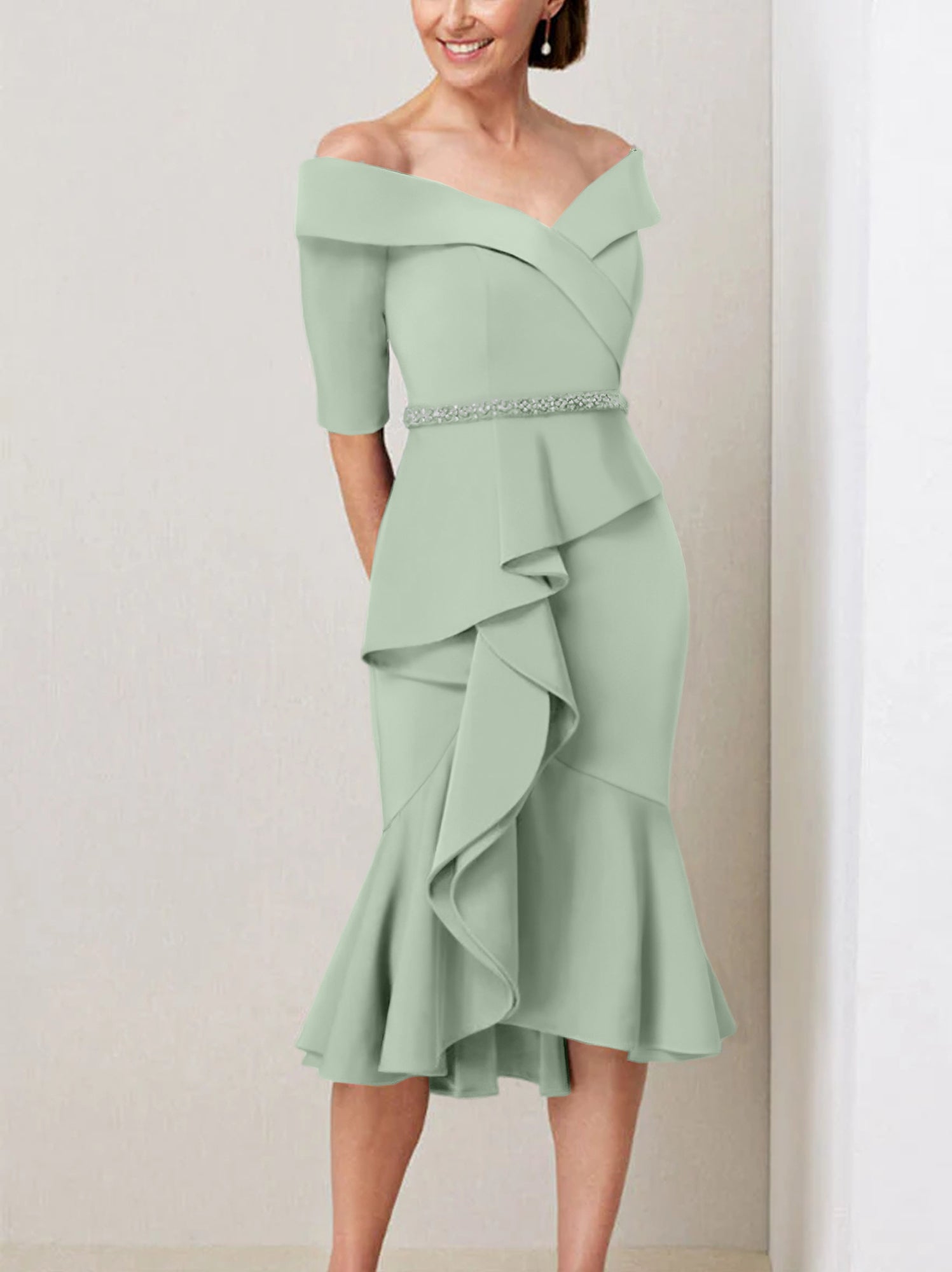 Sheath Column Off The Shoulder Half Sleeves Mother Of The Bride Dresses With Beading Ruffles