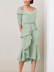 Sheath Column Off The Shoulder Half Sleeves Mother Of The Bride Dresses With Beading Ruffles