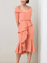 Sheath Column Off The Shoulder Half Sleeves Mother Of The Bride Dresses With Beading Ruffles